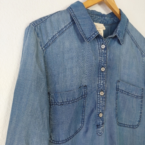 Andrea Jovine Denim jean Blue Shirt Midi Dress Roll Tab Sleeve Chambray Size M - Picture 2 of 7